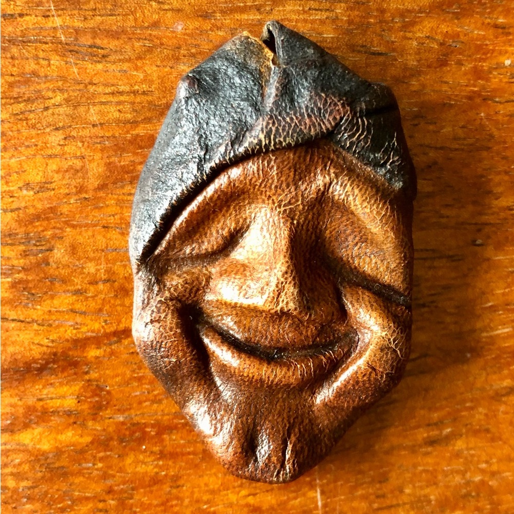 Vintage Hand Crafted Leather Smiling Face with Cap/Hat Brooch Pin